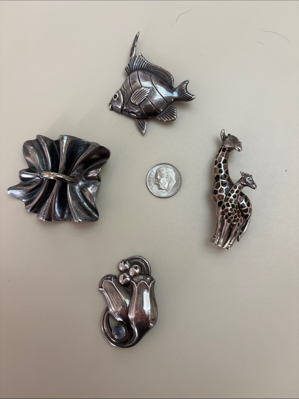 Silver-Tone Animal and Floral Pins - Silver Accent Brooch Set